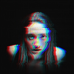 Glitch portrait of a young woman against a dark background. Analog style screen errors of pixelated...