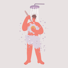 Vector illustration of Man taking a shower washing hair with shampoo product under water falling from luxury rain shower head. Morning routine luxury hotel lifestyle guy showering. Body care hygiene.