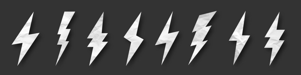 Lightning bolt, crumpled paper texture, cardboard. Flash symbol, thunderbolt. Simple lightning strike sign. Vector illustration
