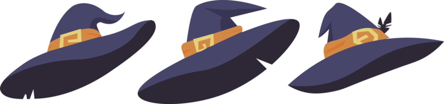 A set of witch hats in the Halloween style. Witch, hats are blue purple. Festive mood, simple flat, color illustration