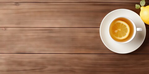 Fototapeta na wymiar Morning bliss. Enjoying hot lemon juice in cup in rustic Setting on wooden table on vintage background top view