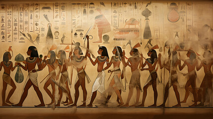 Egyptian wall painting adorned with ancient hieroglyphs - obrazy, fototapety, plakaty