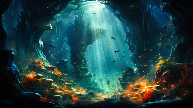 Underwater spotlights illuminating aquatic life