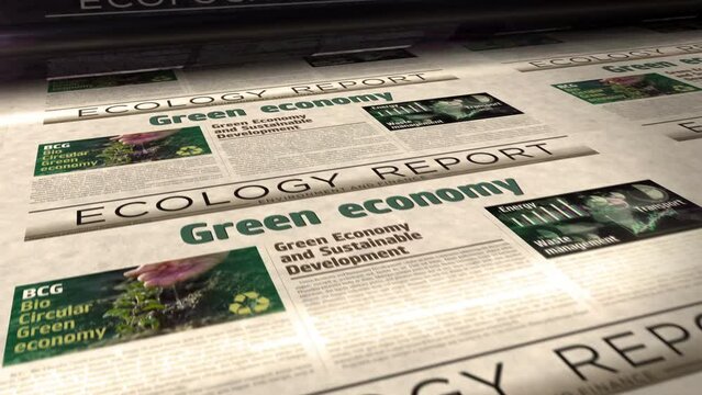 Green economy bio circular and eco friendly economy daily news newspaper roll printing. Abstract concept retro headlines 3d seamless looped.