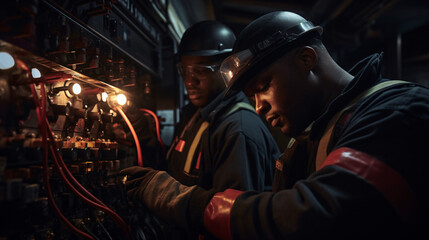 Naklejka premium Maintenance workers using AI-powered tools and sensors to predict and prevent equipment failures in a power plant, ensuring uninterrupted energy production