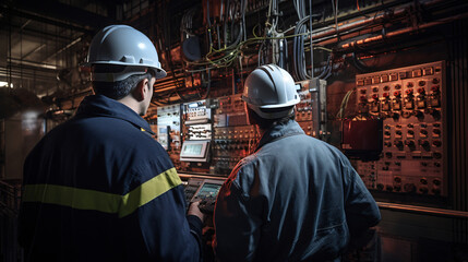 Maintenance workers using AI-powered tools and sensors to predict and prevent equipment failures in a power plant, ensuring uninterrupted energy production