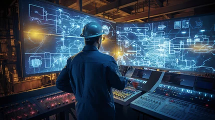 Fotobehang Maintenance workers using AI-powered tools and sensors to predict and prevent equipment failures in a power plant, ensuring uninterrupted energy production © Orange Images