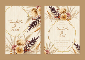 Brown and beige modern wedding invitation template with flora and flower