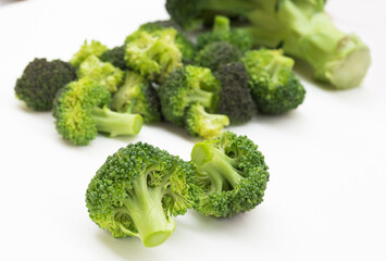 Delicious broccoli inflorescences on a white background