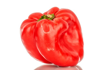 One red sweet pepper, macro, isolated on white background.