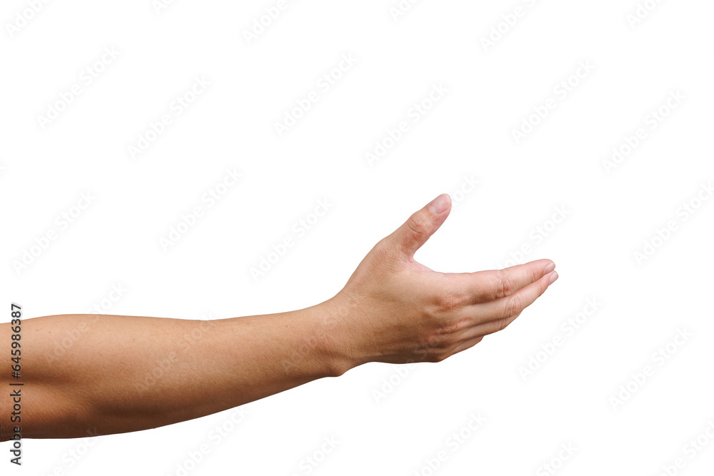 Wall mural man hand with palm open up isolated in white background. reaching for help and assist gesture concep