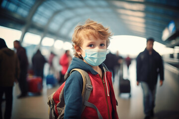 Fototapeta na wymiar Little Boy Traveling at Airport with Face Mask - Generative AI