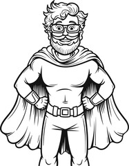 Superhero super dad or teacher wearing cape friendly smile with glasses and beard isolated black comic cartoon style vector