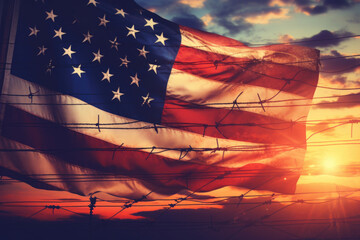 American Flag Waving Behind Barbed Wire: Symbol of Protection and Confinement, Generative AI