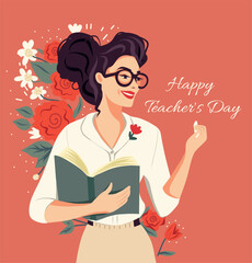 Happy Teacher's Day holiday poster banner background concept. vector flat illustration, vector graphics teacher woman