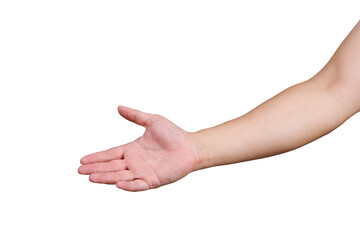 Man hand with palm open up isolated in white background. Reaching for help and assist gesture...