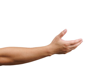 Man hand with palm open up isolated in white background. Reaching for help and assist gesture concept.