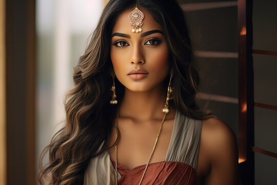 Beautiful Long Haired Indian Woman In Pink Lingerie Stock Photo