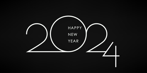 2024 Happy New Year Greeting Card Design. White 2024 Happy New Year Lettering on Black Background. Holiday Creative Text Black and White Numbers. Vector