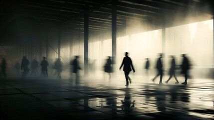 Blurred silhouettes of workers rushing - obrazy, fototapety, plakaty