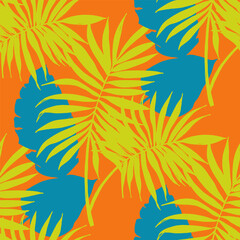 Seamless tropical pattern with stylized coconut palm leaves.
