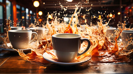 Coffee mugs sliding fast across tables - obrazy, fototapety, plakaty