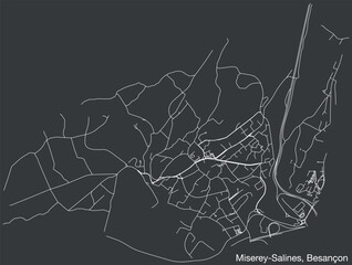 Detailed hand-drawn navigational urban street roads map of the MISEREY-SALINES COMMUNE of the French city of BESANCON, France with vivid road lines and name tag on solid background
