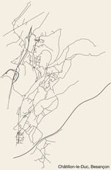 Detailed hand-drawn navigational urban street roads map of the CHÂTILLON-LE-DUC COMMUNE of the French city of BESANCON, France with vivid road lines and name tag on solid background