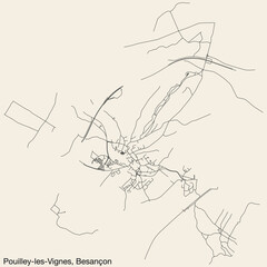 Detailed hand-drawn navigational urban street roads map of the POUILLEY-LES-VIGNES COMMUNE of the French city of BESANCON, France with vivid road lines and name tag on solid background