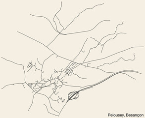 Detailed hand-drawn navigational urban street roads map of the PELOUSEY COMMUNE of the French city of BESANCON, France with vivid road lines and name tag on solid background