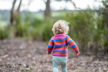 toddler hiking in the forest on a path