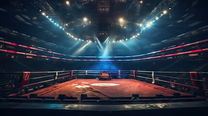 An electrifying illustration of a large boxing arena, buzzing with anticipation just moments before a high-stakes match is about to begin. The atmosphere is palpable, generative ai