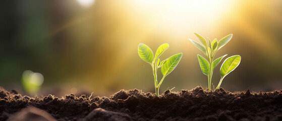 seedling are growing from the rich soil to the morning sunlight that is shining, ecology concept.