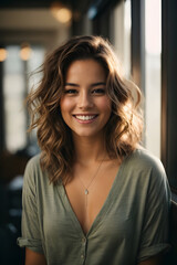 Positive Portrait of young woman smiling by the window. Image created using artificial intelligence.