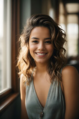 Positive Portrait of young woman smiling by the window. Image created using artificial intelligence.