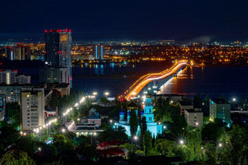 aerial view, night city view with night sky. natural summer night view on bridge and river city