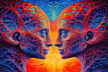 Psychedelic trip. DMT effect. A beautiful bright picture . A painting created with oil paints on canvas .A bright poster.Generative AI.