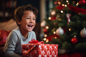 Fototapeta na wymiar Child with christmas gift, boy laughing while holding Christmas present, christmas tree in background