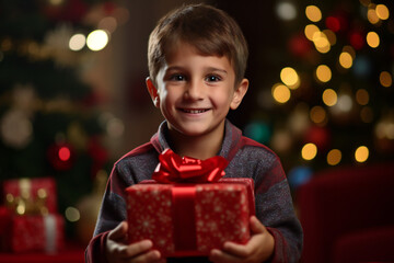 Young Boy with christmas present, christmas tree with lights blurred in background