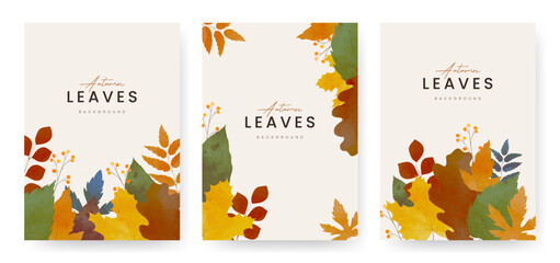 Autumn fallen leaves on background frame. Watercolor maple leaf. Nature fall season template for banner, ticket, leaflet, card, poster. Watercolor style. Hand drawn elegant design Vector illustration.