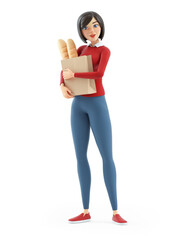 3d casual girl holding grocery paper bag