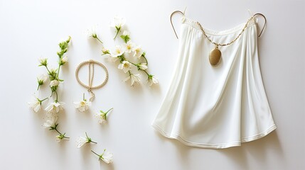 Minimalist presentation of jasmine flowers paired with boho pendants and anklets on a clean white board.