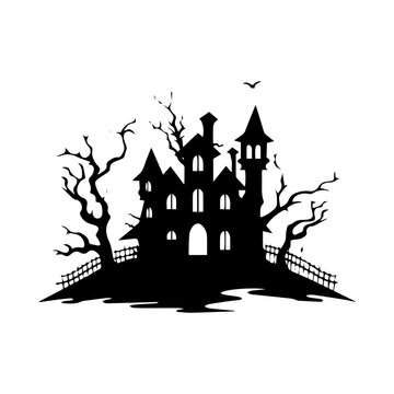  Silhouette Of Vampire Castle Scary Ghost House On Halloween Night. 