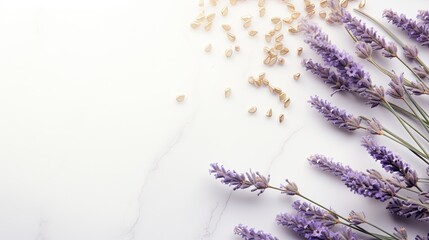 Fresh lavender stems arranged diagonally contrasted against a pale white canvas with scattered gemstones. Floral card with copy space for promotional text or branding. 