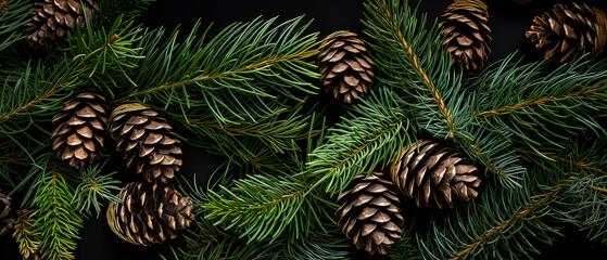  Christmas Mockup banner with fir, conifer branches, cones, decorations on black textured background. Top view. Flat lay. New Year Holidays background. Generative ai