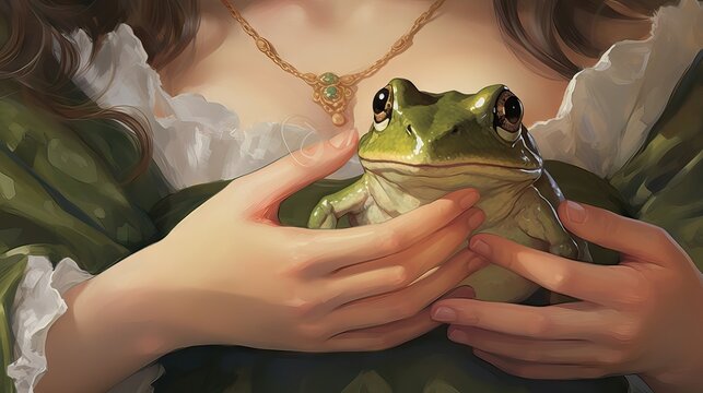 A captivating illustration of a princess's hands gently holding a frog, evoking the classic fairy tale narrative of transformation and true love's potential. Generative AI