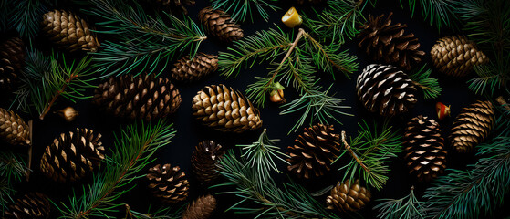 Christmas Mockup banner with fir, conifer branches, cones, decorations on black textured background. Top view. Flat lay. New Year Holidays background. Generative ai