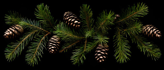 Fototapeta na wymiar Christmas Mockup banner with fir, conifer branches, cones, decorations on black textured background. Top view. Flat lay. New Year Holidays background. Generative ai