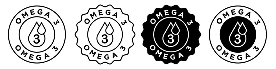 omega 3 icon. Fatty acid diet supplement skincare product symbol. Essential fish oil in cosmetic serum vector. Omega 3 vitamin source sticker.