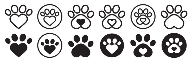 Paw print icon. Pet animal health care insurance symbol. Dog or cat footprint mark vector. Kitty paw with heart sign. Pet love logo. © Krupal